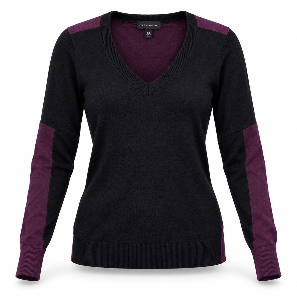 The Limited Womens V-Neck Sweater Black Plum Purple Colorblock Knit Top XS